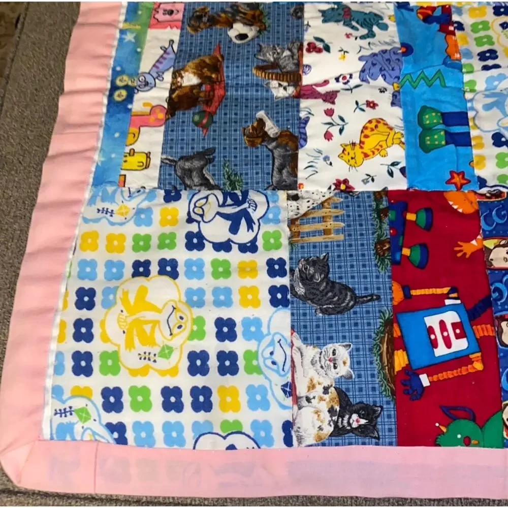 Vintage Baby Blanket Quilt Reversible Multi-colored Colorful Designs 1990s